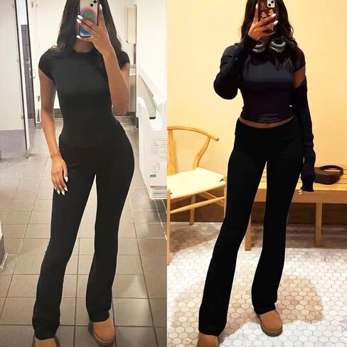 Women's 2 Piece Lounge Sets Short Sleeve Cropped Top Sets Fold-over Flare Pants Casual Outfits Pajamas in Saudi Arabia