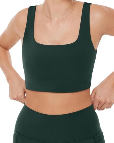 PAVOI ACTIVE Compression Sports Bras for Women | Medium Support Square Neck Longline Workout Bra Removable Pads | HiPerform | Large, Moss in Kuwait
