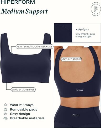 PAVOI ACTIVE Compression Sports Bras for Women | Medium Support Square Neck Longline Workout Bra Removable Pads | HiPerform | Large, Moss in Kuwait