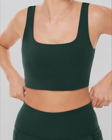 PAVOI ACTIVE Compression Sports Bras for Women | Medium Support Square Neck Longline Workout Bra Removable Pads | HiPerform | Large, Moss in Kuwait