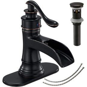 Bathroom Faucet Oil Rubbed Bronze Waterfall Sink Bath Faucets Farmhouse Spout Lavatory Vanity Deck Mount Single-Handle One Hole Matching Pop Up Drain Stopper Supply Lines Hose Lead-Free By Bathfinesse