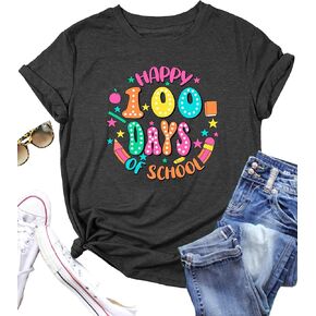 100 Days of School Shirt: Women Happy 100th Days Teacher Shirts School Days Shirt Casual Short Sleeve Tee Tops