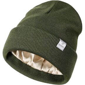 Womens Satin Lined Knit Beanie Hat,Winter Warm Hats for Women Men Silk Lining Soft Slouchy Cuffed Beanie Ski Hat