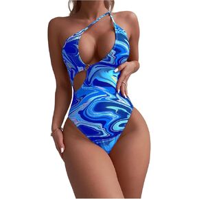 WDIRARA Women's Marble Print Cut Out One Piece Swimsuit One Shoulder Bathing Suit Monokini Swimwear