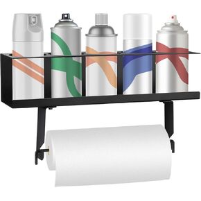 Aerosol Spray Can Holder with Paper Towel Holder, 5 Cans Wall-Mounted Heavy-Duty Steel Spray Bottle Holder Rack Organizer for Garage and Workspace