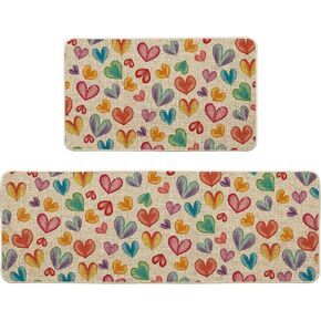 Artoid Mode Multicolor Love Heart Valentines Day Kitchen Mats Set of 2, Home Decor Low-Profile Kitchen Rugs for Floor - 17x29 and 17x47 Inch