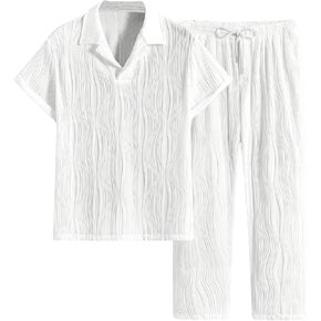 GORGLITTER Men's Cruise Attire Beach Vacation Outfits Textured Short Sleeve Collar Shirt and Pants Sets