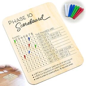 Phase 10 Score Board Wooden, Phase 10 Scoreboard for Card Games with 8 Colored Pegs, Score Sheets Board and Round Tracker for Party Adult Table Score Boards