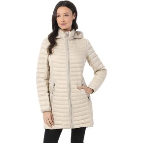 32 DEGREES Women’s Ultra-Light Packable Down 3/4 Length Long Jacket with Detachable Hood
