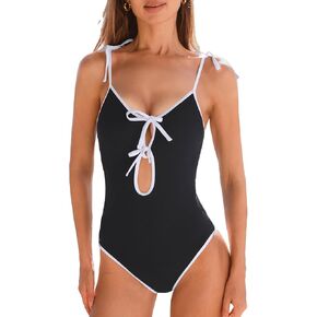 CUPSHE Women's One Piece Swimsuit Scoop Neck Front Keyholes with Tie Accents Adjustable Tied Strap Bathing Suit