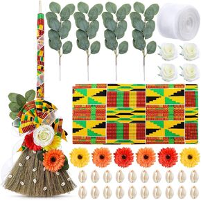 Yungyan Wedding Brooms Kente Bride Bridegroom DIY Whisk Brooms for Wedding 12 x 29 Inch with Kente Cloth Gerbera Daisies African Shells for Wedding Ceremony Craft