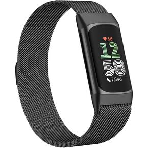 Compatible with Fitbit Charge 6/Charge 5 Bands for Wmen Men, Metal Mesh Milanese Loop Adjustable Magnetic Strap Replacement for Fitbit Charge 6 5 Advanced Fitness & Health Trackers - Black