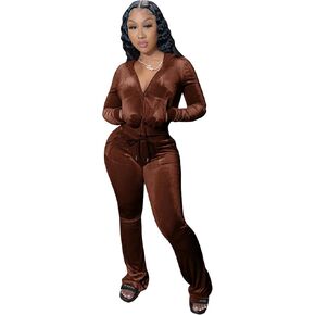 Womens 2 Piece Velour Hoodie Jogger Tracksuit Two Piece Outfits for Women, Long Sleeve Full-Zip Up Velvet Crop Tops Jacket Flared Pants Fall Lounge Matching Sets Sportswear Jogging Sweatsuit Pockets