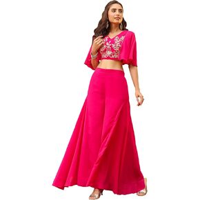 Janasya Indian Women's Pink Flowy Yoke Embroidered Flared Festive Wedding Party wear Co-ord Set for Women