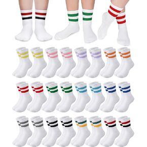 Eurzom 24 Pairs Stripe Socks for Kids White Crew Athletic Socks Colorful Retro Stripe Quarter Socks for 6-10 Years