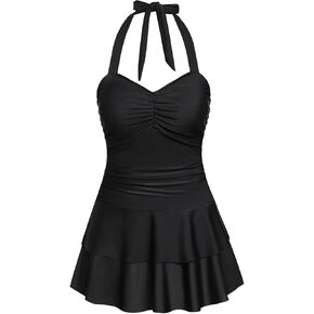 Rosegal Women Plus Size Halter Modest One-Piece Swimwear Backless Ruched Padded Flounce Layered Swimdress