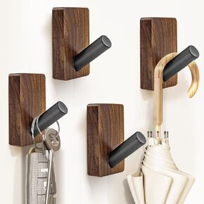 4-Pack Walnut Wood Wall Hooks - Wall Mounted or Adhesive Coat Rack for Bathroom Towels Robes - Farmhouse Rustic Decorative Entryway Hangers for Hats Keys Purses Bags