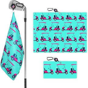 Golf Towels for Golf Bags Value 2 Pack 21"x16" and 12"x8" Set with Strong Magnetic Retractable Carabiner, Microfiber Waffle Towel Pattern Lightweight Absorbent Gift for Women Ladies (Golf Cart&Blue)
