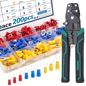 أداة تجعيد 201 قطعة من smseace مع 12 مقاسًا (M3/M4/M5/M6) موصلات شوكة 22-10AWG موصلات شوكة سلكية من النوع U موصلات طرفية لتجعيد/تجريد/قطع أداة تجعيد الأسلاك متعددة الوظائف