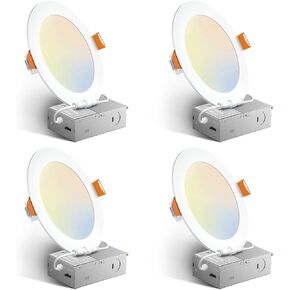 Amico 4 Pack 6 Inch 5CCT Ultra-Thin LED Recessed Ceiling Light with Junction Box, 2700K/3000K/3500K/4000K/5000K Selectable, 12W Eqv 110W 1050LM Brightness Dimmable Canless Wafer Downlight, ETL & FCC