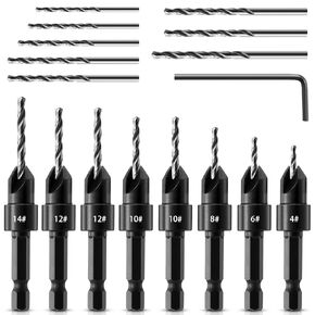 Honoson 8 Pack Countersink Drill Bits Set, 3in1 Woodworking Countersink Counterbore Hole Drill Bit for Us Wood Screw, #4#6#8#10#12#14, Includes 8 Replaceable Bits and 1 Hex Key