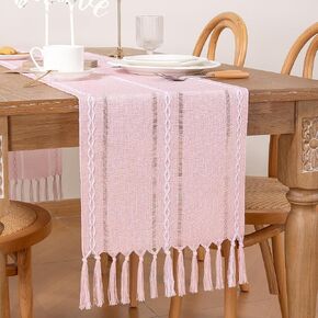 Socomi Farmhouse Table Runner 48 inches Macrame Woven Coffee Table Runner Cotton Rustic Fall Thanksgiving Table Runner with Tassels for Boho Home Decor Living Dining Room 13x48 inches Pink