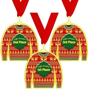Kathfly 3 Pcs Christmas Ugly Sweater Metal Medal Award 1st 2nd 3rd Place Award Medals for Ugly Sweater Contest Includes Neck Ribbon Christmas Tree Ornaments for Xmas Holiday Party Favors(Classic)