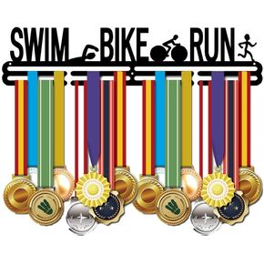 Triathlon Black Medal, Lanyard, and Ribbon Laser Cut Wall Hanger [Swim, Bike, Run] Easy to Install 16 Inch Medal Holder