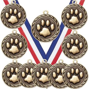 10 Pack of Mascot Paw Print Gold Medals Trophy Award with Neck Ribbons MA