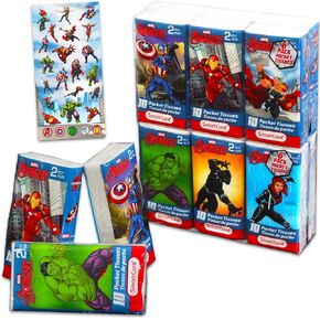 Avengers Pocket Size Facial Tissues Set - 12 Packs of 10 Sheets (120 Tissues) Plus Stickers | Marvel Disposal Tissues for Travel, School, Classroom