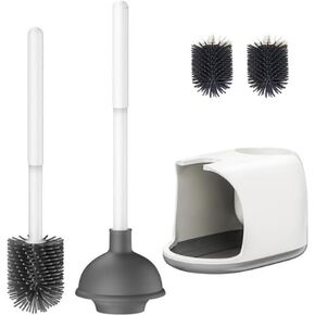 Toilet Plunger and Silicone Brush Combo with Two Silicone Brush Replacement for Bathroom Cleaning, White, 1 Set, FX-04