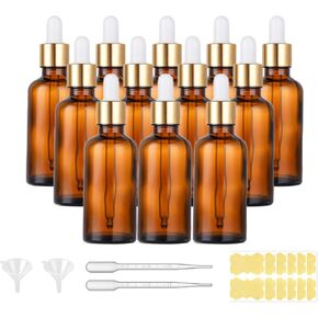 Set of 12, 1.75 oz Amber Dropper Bottles for Essential Oils, Perfumes with 2 Funnels & 12 Labels -50ml Amber Glass with Eye Droppers - Tincture Bottles, Leak Proof Travel Bottles for Liquids