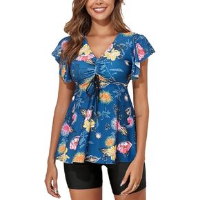 Women's Tankini Swimsuits Ruffled Flowy Tankini Tops with Boy Shorts Swimwear Tummy Control Two Piece Bathing Suits