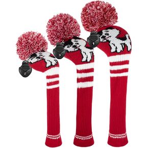 Scott Edward Golf Club Cover with a Pom Pom Set of 3 Fits Well Driver(460cc) Fairway Wood and Hybrid(UT) with Rotating Club Number Tags for Male/Female Golfers (Red Black White Puppy)