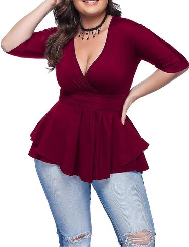 Women's Plus Size Blouse Sexy Deep V Neck Pleated Short Sleeve Ruched Promenade Tops in Saudi Arabia