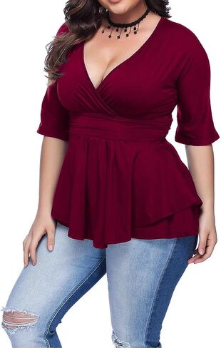 Women's Plus Size Blouse Sexy Deep V Neck Pleated Short Sleeve Ruched Promenade Tops in Saudi Arabia