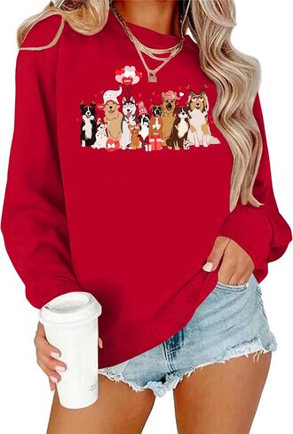 Valentines Dog Sweatshirt for Women Cute Valentine Day Print Sweater Valentine Pullover Long Sleeve Tops in Kuwait