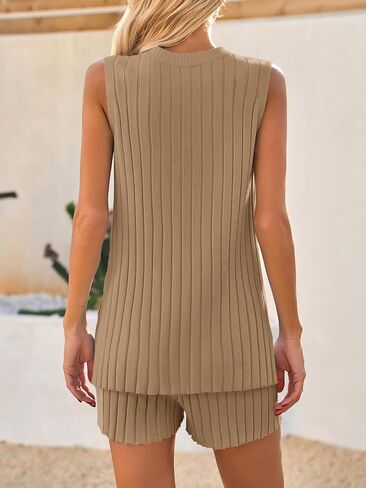 Tankaneo Womens 2 Piece Summer Outfits Knit Sweater Sets Sleeveless Ribbed Tunic Tops and Shorts Vacation Beach Lounge Set in Saudi Arabia