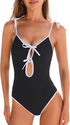 CUPSHE Women's One Piece Swimsuit Scoop Neck Front Keyholes with Tie Accents Adjustable Tied Strap Bathing Suit in Saudi Arabia