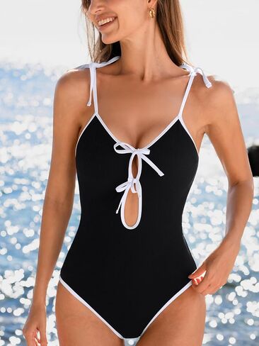 CUPSHE Women's One Piece Swimsuit Scoop Neck Front Keyholes with Tie Accents Adjustable Tied Strap Bathing Suit in Saudi Arabia