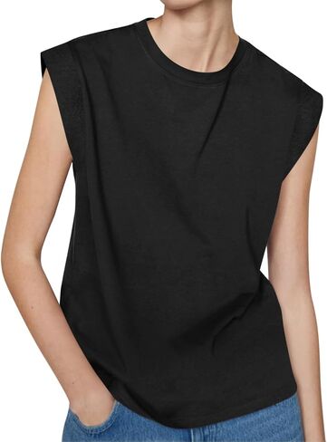 Tankaneo Womens Summer Tops Crew Neck Cap Sleeve Tank Top Casual Loose Fit Basic Tee Shirts in Kuwait
