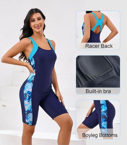 بدلة سباحة نسائية رياضية من قطعة واحدة من Halcurt بطول الركبة Boyleg Racerback رياضية متواضعة in Kuwait