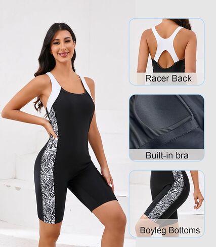 بدلة سباحة نسائية رياضية من قطعة واحدة من Halcurt بطول الركبة Boyleg Racerback رياضية متواضعة in Kuwait