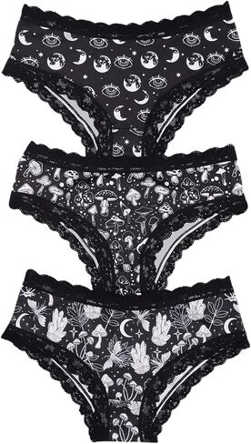 WDIRARA Women's Plus Size 3 Pack Gothic Print Hipster Panties Lace Trim Spooky Low Rise Triangle Briefs in Saudi Arabia