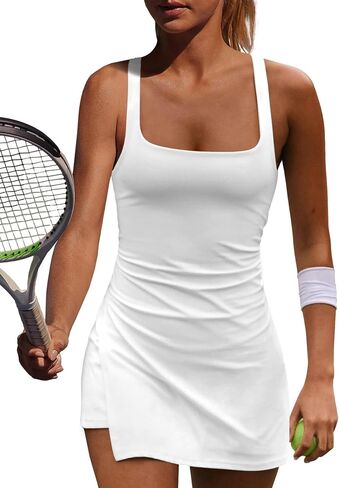 Wenlia Women's Low Back Cutout Tennis Dress with Separate Shorts and Built in Bra Square Neck Side Slit Workout Golf Dress in Saudi Arabia