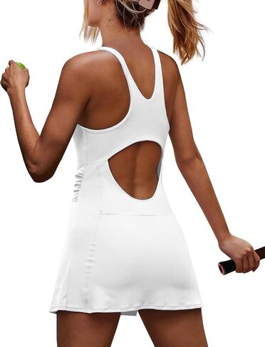 Wenlia Women's Low Back Cutout Tennis Dress with Separate Shorts and Built in Bra Square Neck Side Slit Workout Golf Dress in Saudi Arabia