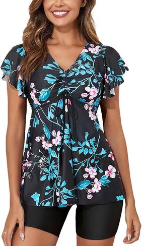Women's Tankini Swimsuits Ruffled Flowy Tankini Tops with Boy Shorts Swimwear Tummy Control Two Piece Bathing Suits in Kuwait