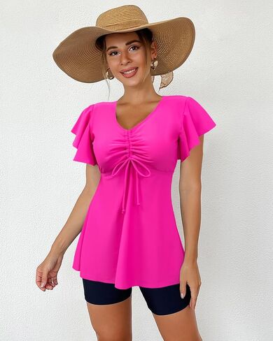Women's Tankini Swimsuits Ruffled Flowy Tankini Tops with Boy Shorts Swimwear Tummy Control Two Piece Bathing Suits in Kuwait