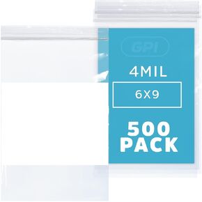 GPI - 6" x 9" - Bulk Pack of 500, 4 Mil Thick, Heavy Duty, Clear Plastic Reclosable Zip Bags, with Write-on White Block for Labeling, Strong & Durable Poly Baggies with Resealable Zipper Top Lock.