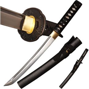 SV Mini Katana Sword Real Tanto اليابانية الصغيرة الساموراي السيف القصير الكربون الصلب كامل تانغ اليد مزورة حادة 16.53 بوصة handguard محفورة ابتلاع أسود in Kuwait